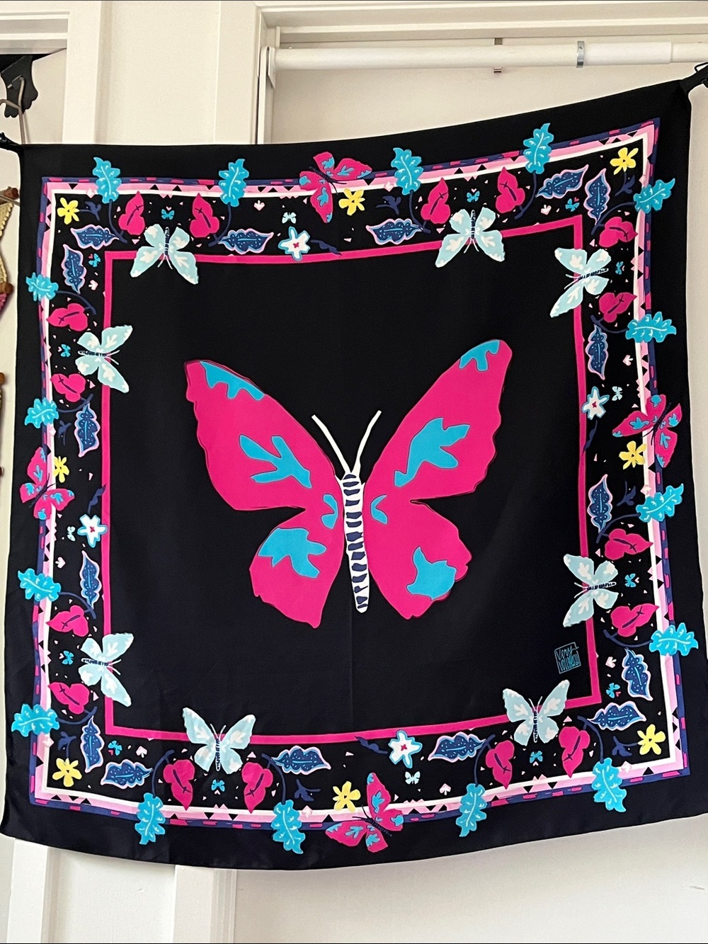 Very Vollbrach Silk Scarf Large Butterfly Floral Black Pink Blue Designer  Scarf